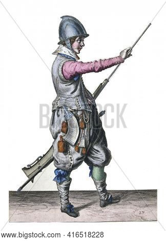 A soldier, full-length, to the right, holding a rudder (a particular type of firearm) with his left thigh and pulling his ramrod out of the barrel with his right hand, vintage engraving.