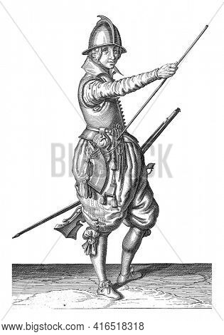 Soldier with a rudder sliding his right hand to the end of his ramrod, vintage engraving.