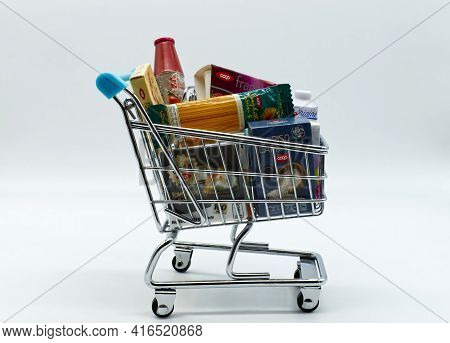 Bologna / Italy - October 27, 2020: Shopping Cart With Various Original Coop Products. Coop Is The B