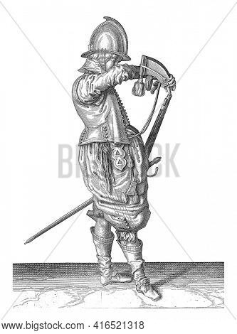 A Soldier, Full Length, after on the right, holding a rudder (a particular type of firearm) with his left thigh with his left thigh, pointing the barrel diagonally upwards, vintage engraving.