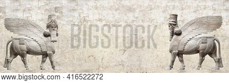 Grunge background with stone texture and two lamassu - human-headed winged bull statue, Assyrian protective deity. Copy space for text. Mock up template