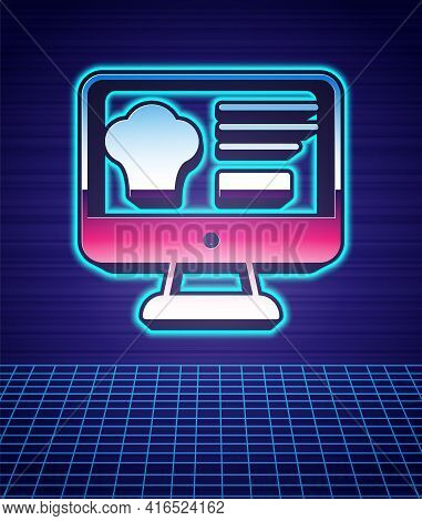Retro Style Online Ordering And Fast Food Delivery Icon Isolated Futuristic Landscape Background. 80