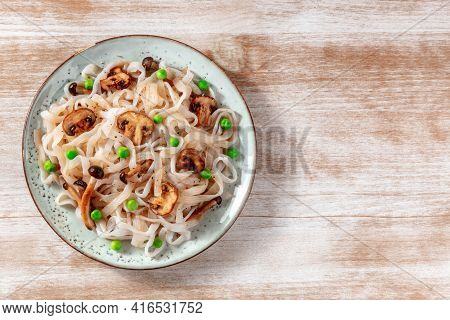 Konjac Pasta With Vegetables, Shot From Above With Copy Space