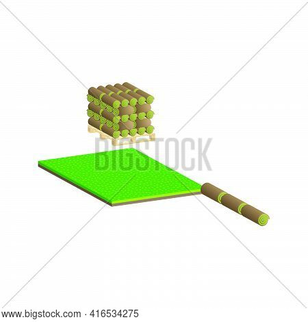 Lawn Roll With Brown Soil.turf Roll Of Green Grass.vector Isometric And 3d View.