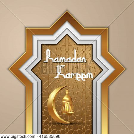 Ramadan Kareem Greeting Wihite Calligraphy With Moon And Lantern And Geometric Pattern Ornament For 