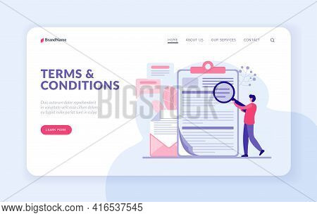 Terms And Conditions Landing Page Website Template. Man Examining Promotional Emails With Discounts 