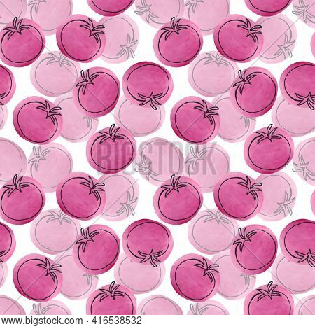 Seamless Pattern With Tomatoes In The Style Of Linart On A White Background. Tomatoes On Colored Wat