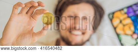 Banner, Long Format Young Man, A Digital Artist, Creates Digital Art On A Tablet At Home And Shows A