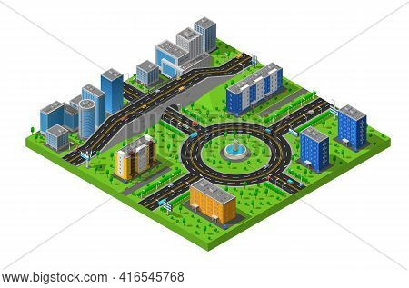 City Business And Residential Districts Isometric Map Poster With Circular Roundabout Intersection W