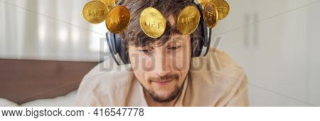 Banner, Long Format Young Man, A Digital Artist, Dj Creates Digital Art On A Tablet At Home And Show