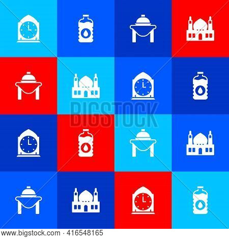 Set Clock, Bottle Of Water, Table Food And Muslim Mosque Icon. Vector