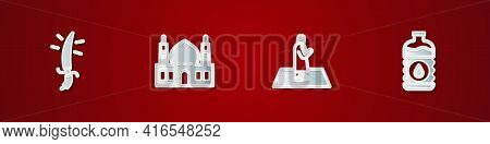 Set Arabian Saber, Muslim Mosque, Man Prays And Bottle Of Water Icon. Vector