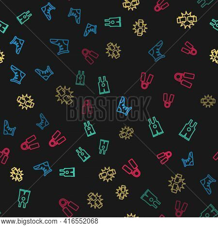 Set Line Sport Boxing Shoes, Wrestling Singlet, Punch Gloves And Expander On Seamless Pattern. Vecto