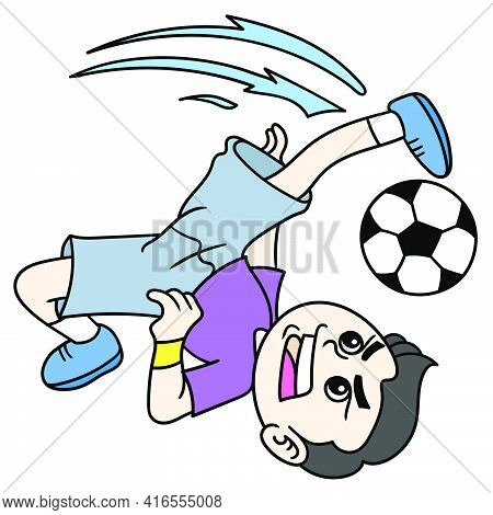The Boy Kicks The Ball With A Flip, Doodle Draw Kawaii. Vector Illustration Art