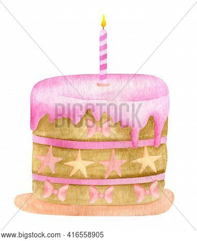 Watercolor Birthday Cake With One Candle. Hand Drawn Biscuit Cake With Pink Glaze, Stars And Bows De