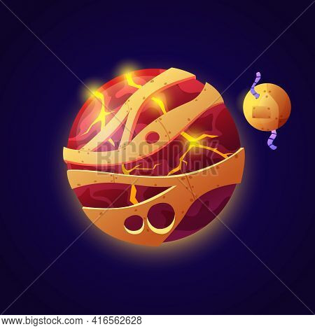Iron Planet And Satellite, Fantasy Or Fiction Celestial Body Made Of Iron And Hot Solidified Lava. U