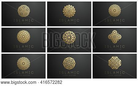 Gold Islamic Logo Set On Dark Background. Ramadan Kareem Vector Pattern. Round Shape Logo Design. Is