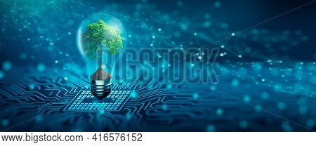 Tree With Soil Growing On  Light Bulb. Digital Convergence And And Technology Convergence. Blue Ligh