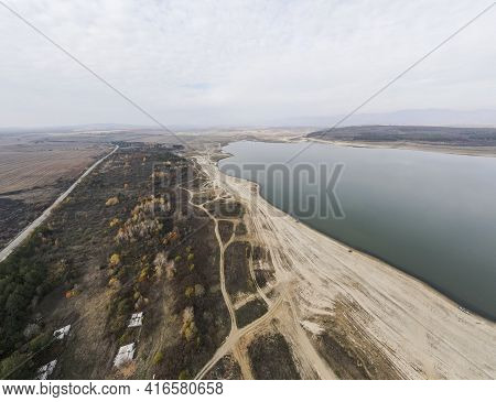 Aerial Panorama Of Pyasachnik (sandstone) Reservoir, Sredna Gora Mountain, Plovdiv Region, Bulgaria