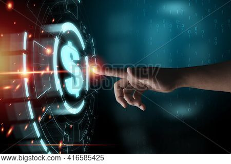 Businessman Hand Touching To Virtual And Infographic Of Us Dollar Sign On Blue Background, Usd Is Th