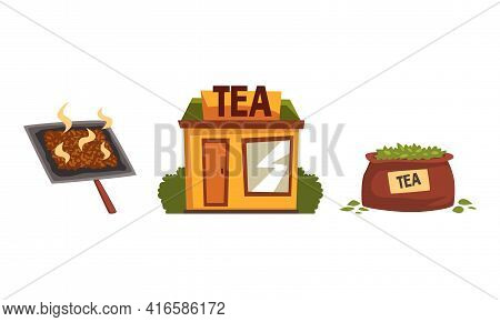 Tea Production Set, Tea Leaves Picking, Drying And Selling Vector Illustration