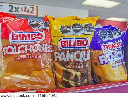 Bimbo Different Sweet Bread Packaging In The Supermarket In Playa Del Carmen In Mexico.