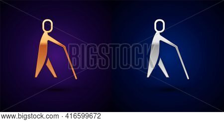 Gold And Silver Blind Human Holding Stick Icon Isolated On Black Background. Disabled Human With Bli