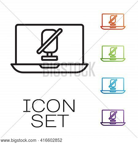 Black Line Mute Microphone On Laptop Icon Isolated On White Background. Microphone Audio Muted. Set 