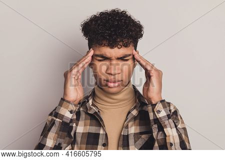 Photo Of Guy Fingers Temples Closed Eyes Sad Face Headache Wear Checkered Shirt Rollneck Isolated Gr