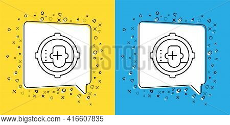 Set Line Headshot Icon Isolated On Yellow And Blue Background. Sniper And Marksman Is Shooting On Th