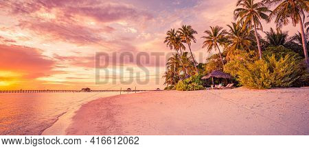 Sea Sand Sky Concept, Sunset Colors Over Palm Trees, Clouds, Island Shore Horizon, Horizontal Backgr