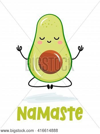 Namaste kawaii avocado character design in lotus youga pose. Good for posters, flyers, t-shirts, cards, invitations, stickers, banners, gifts. Funny vector cartoon fruit character on a background.