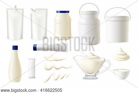 Mayonnaise Food Packages Vector Mockups, Realistic Blank Pouches, White Plastic Bags, Packs And Doyp
