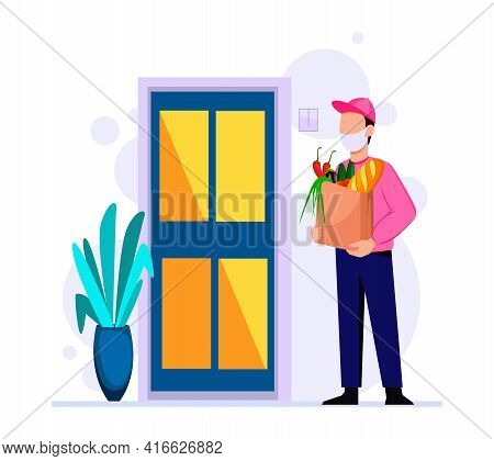 Delivery Of Groceries By Courier, Assistance To People With Self-isolation Due To Covid. Stock Vecto