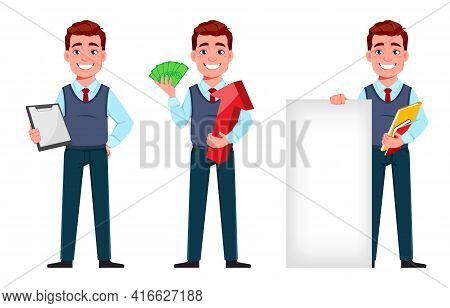 Handsome Business Man Holding Clipboard, Holding Money And Standing Near Banner. Young Businessman C