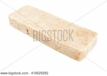 Frozen Minced Cod Fish Block Isolated On White Background, Semifinished Prepack