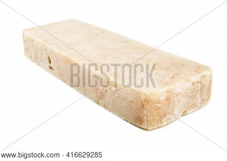 Frozen Minced Cod Fish Block Isolated On White Background, Semifinished Prepack