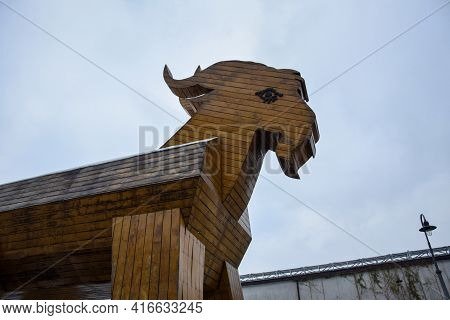 A Large Wooden Figure Of A Goat. Velke Popovice. Czech. December 2017