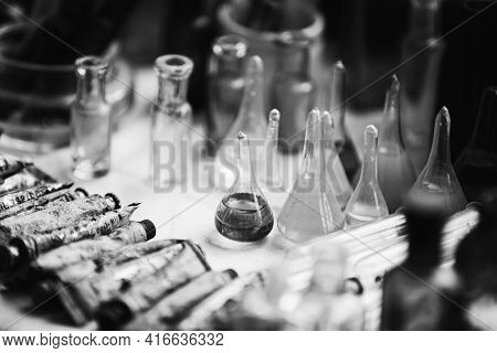 Many Old Deutsch Vintage Medical Glass Capacity. Detail Of Retro Chemical Pharmaceutical Science Res