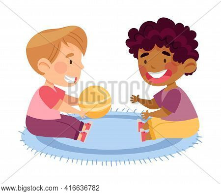 Boy Toddlers Sitting On The Floor In Kindergarden And Playing Ball Vector Illustration