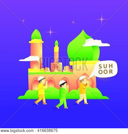 Illustration Of Children's Activities During Ramadan To Wake People Up For Suhoor