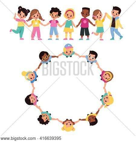 Kids Round Dance. Top View Multicultural Cute Preschool Children Group In Circle, Boys And Girls Gat