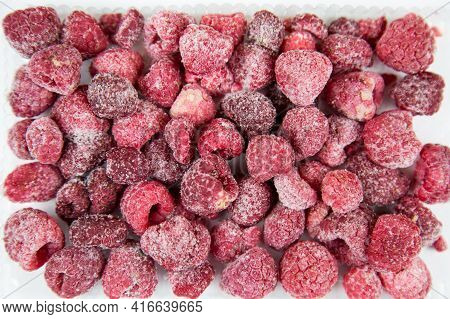 Raspberries Are Quick-frozen Pink Red With White Frost, Useful Products Are Vitamins