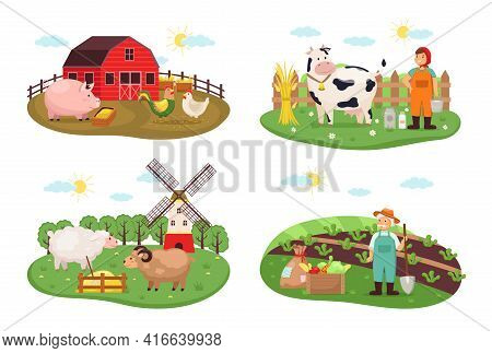 Farm Scenes. Rural Nature Farming And Animal Husbandry, Agricultural Compositions With Growers Man A