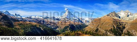 Panoramic view of the mountains near Zermat, Switzerland with Matterhorn in the middle