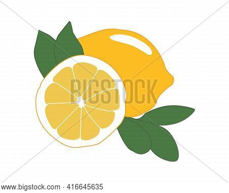 Fresh Lemon With Leaves And Half A Lemon On A White Background. Flat Cartoon Vector Illustration Of 