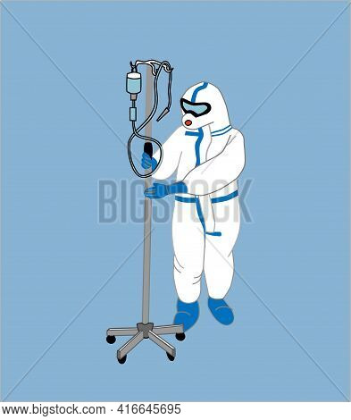 A Medical Worker In A Protective Suit Prepares An Iv, A Colored Flat Icon. The Coronavirus Pandemic.