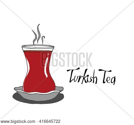 A Glass Of Traditional Turkish Tea On A Saucer. Vector Illustration Isolated On A White Background.