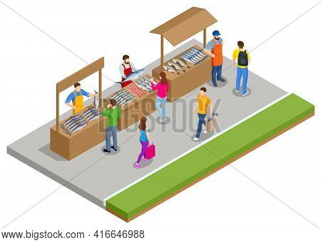 Isometric Fresh Fish And Seafood Sale Market. Fresh Fish In The Fresh Market Or Supermarket Cooled F