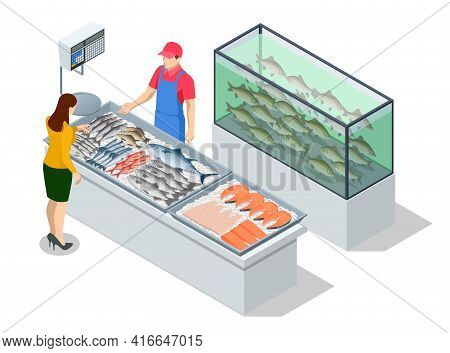 Isometric Fresh Fish And Seafood Sale Market. Fresh Fish In The Fresh Market Or Supermarket Cooled F